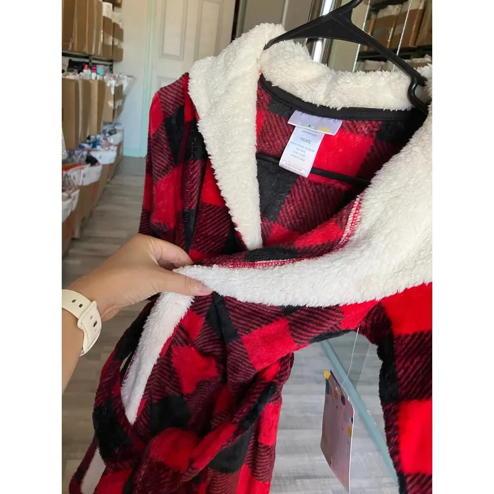 Fleece Long Sleeve Knee Length Robe, Color: Red Plaid Size XS(4/5)